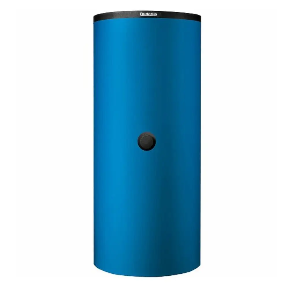 Buderus Pufferspeicher in blauer Farbe, zylindrische Form mit einem runden schwarzen Bedienelement in der Mitte, für die Integration in Heizsysteme.